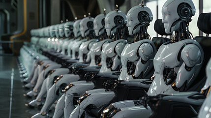 Wall Mural - A line of advanced humanoid robots seated at a conference table in a futuristic office setting
