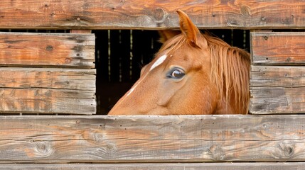 Wall Mural -  A tight shot of a horse's face peering out from a wooden stable, its head protruding from the stall's side