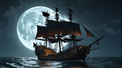 Under the full moon, a ghostly pirate ship sails the dark seas, its crew of cursed souls searching for lost treasure, Generative AI