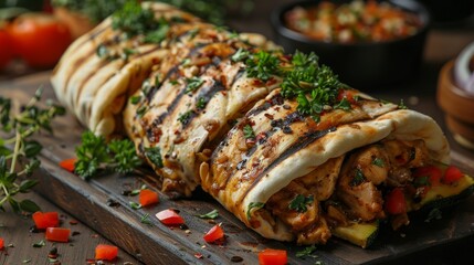 Wall Mural - Savory grilled chicken shawarma drizzled with creamy sauce, garnished with parsley on a wooden board