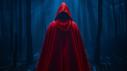 Canvas Print -  A person in a red cloak stands in a dark forest as a bright light pierces through the foggy trees on a dreary day