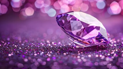 Canvas Print -  A tight shot of a purple diamond atop a reflective surface, surrounded by pink and purple ambient lights Foreground features a soft, blurry assemblage of luminescent spe