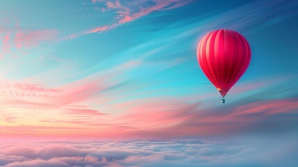 Canvas Print -  A hot air balloon floats above seas of pink and blue clouds against a pink-blue sky backdrop