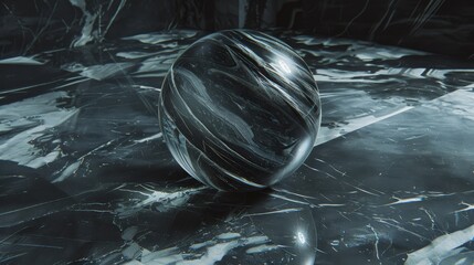 Wall Mural -  A marbled surface, black and white, bears a central ball -- its pattern identical to ball's hue