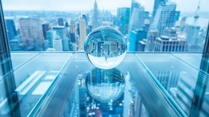 Wall Mural -  A glass ball rests in a room's center, reflecting a cityview from the floor of a high-rise building