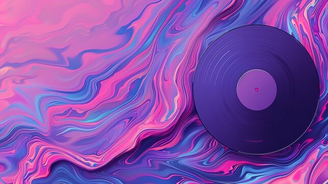  A record with purple and blue hues against a pink and blue swirly backdrop, featuring two black discs – one in the image's center and the other at its heart