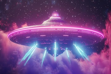 an alien spaceship flying in the sky with bright lights