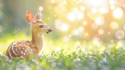 Wall Mural -  A small deer atop a lush green field, adjacent to a forest teeming with tall grasses carpeted in white dandelions