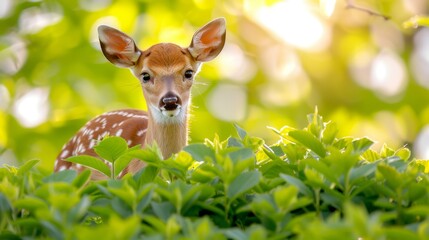 Wall Mural -  A tight shot of a small deer in a field, surrounded by tall grass In the distance, trees with sunlit leaves crown the top of the deer's head