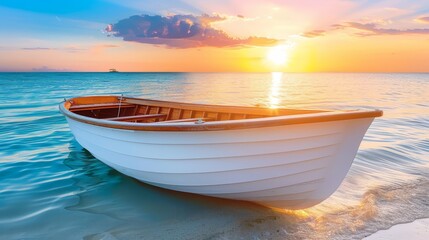  A boat floats on a body of water as the sun sets, casting a golden glow In the foreground, another boat with a raised paddle is anchored