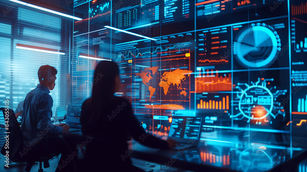 futuristic office with holographic displays showing data and graphs ...