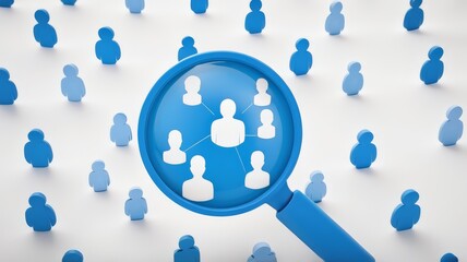 Blue human icon inside of magnifier glass among white icons for customer focus and customer relation management or CRM concept