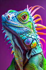 Wall Mural - colorful iguana, purple background. Close-up