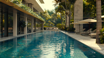 Wall Mural - A pristine condo resort featuring lush landscaping and inviting outdoor pools, captured with HD clarity