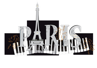 Sticker - Design with abstract lettering Paris and the Eiffel tower, piano and floral pattern. Hand drawn vector illustration.