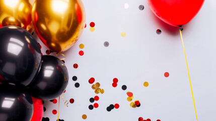 Black and gold red balloons floating against a solid gray background, creating a minimalistic and vibrant party atmosphere with ample space for text or design