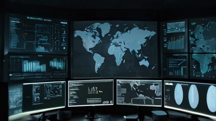 Multiple Monitors Displaying Data and a World Map in a Dark Room
