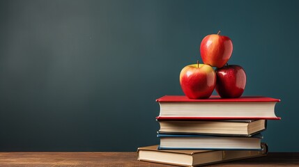 Back to school: fresh apple sitting on a pile of stacked books surrounded by school supplies

