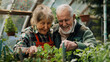 © Kyuubisa - Elderly couple gardeners working in the garden greenhouse with their family