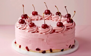 Sticker - Delicious pink cake with cherries. A tempting dessert showcasing vibrant whipped icing decorated with cherries. Perfect for celebrations, parties, and special occasions. 