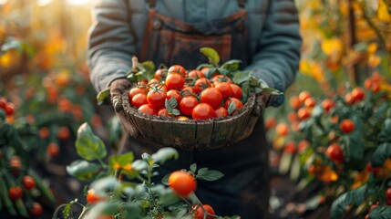 Wall Mural - A farmer clad in overalls proudly holds a basket full of ripe tomatoes in a lush field