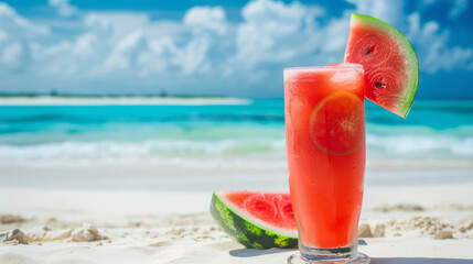 Wall Mural - Refreshing watermelon cocktail served on a vibrant blue tropical beach.