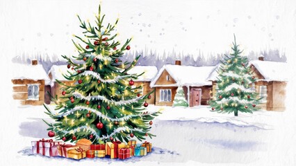 Canvas Print - A painting of a christmas tree and presents in front of houses, AI