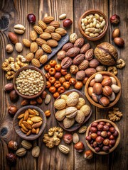 Wall Mural - Variety of nuts and seeds on a wooden table.