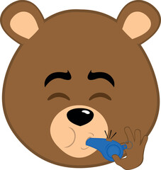 Wall Mural - vector illustration face brown bear grizzly cartoon, with his mouth blowing a whistle