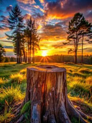 Wall Mural - Beautiful sunset over a forest and tree stump.