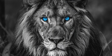 Cat With Big Eyes in Monochrome: Majestic Lion Staring with Blue Eyes