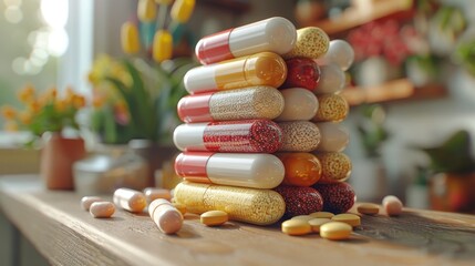 Wall Mural - Neatly stacked multicolored capsules creating a pyramid shape on a wooden shelf