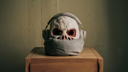 Wall Mural - A skull with headphones on a wooden table, AI