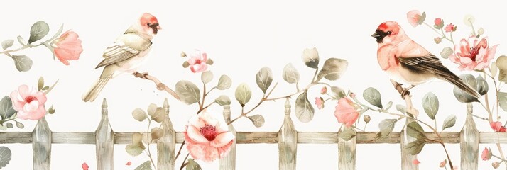 Bird Invitation. Watercolor Wedding Invitation Set with Floral Garden Fence Design