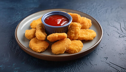 Wall Mural - Classic chicken nuggets, tomato sauce. Delicious meal. Tasty fast food. Nutritious snack. Close-up.