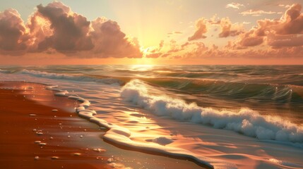 Wall Mural - Beautiful sunset over a calm sea with gentle waves. Golden sunlight illuminates the sky, creating a stunning and serene landscape. Ideal for background, wallpaper, and travel inspiration. AI