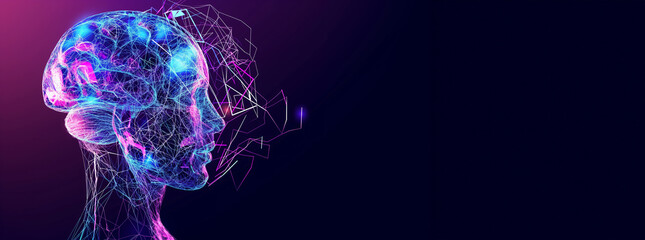 Poster - A colorful brain with purple and blue lines. futuristic brain in the shape of a futuristic dxf mannequin illustration stock photo, in the style of light blue and purple, vivid energy explosions