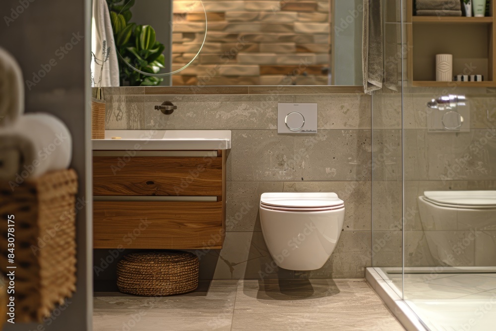 Image showcasing Modern Bathroom with Eco-Friendly Fixtures: Water-Saving Showerhead and ...