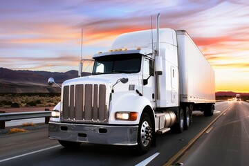 Trucking Truck Driver. White Cargo Truck on the Highway at Sunrise