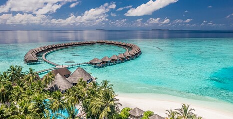 Canvas Print - Maldives paradise island. Tropical aerial landscape, seascape panorama, water bungalows villas. Amazing sea reef beachfront. Exotic tourism destination, summer vacation wide background. Aerial travel