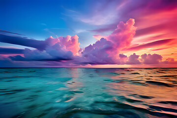Wall Mural - A vibrant sunset creates a colorful sky over a calm blue ocean. The sky is ablaze with orange, pink, and 
 purple hues. The horizon separates the colorful sky from the dark blue ocean.