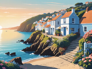 Wall Mural - Beautiful picturesque seaside town with cliff, boat, beach.