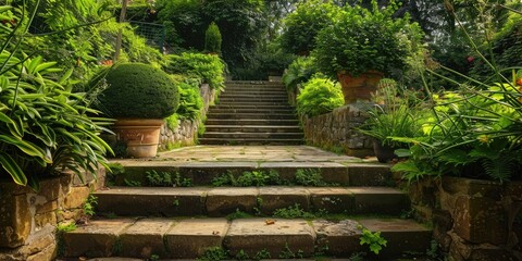 Garden Stairs. Stone Steps Leading Through Green Park Pathway