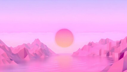 Aufkleber - Abstract vaporwave landscape with sun rising over pink mountains and sea on calm pink and blue background