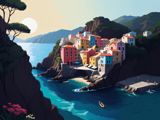 Wall Mural - Beautiful picturesque seaside town near a mountain, inspired by Cinque Terre villages and Riomaggiore in Italy. 