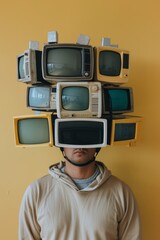 Wall Mural - a man with many old televisions on his head