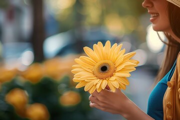A woman in a sleeveless top is obscuring her face with a vibrant sunflower against a blurred background