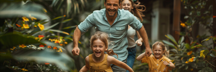 Happy family running in the park Laugh and have fun together on a holiday at home.