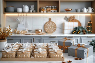 A stylish kitchen interior decorated for the holiday season, featuring festive treats and gifts