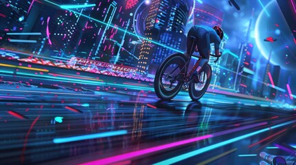 Poster - A cyclist races through a futuristic neon-lit cityscape, capturing the high-speed energy and vibrant colors of a cyberpunk world.
